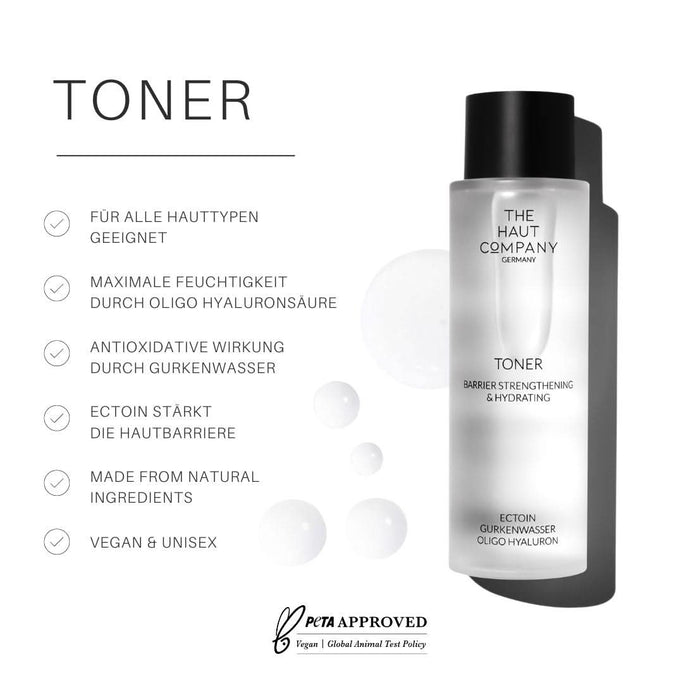 Hydrating toner with cucumber water, suitable for all skin types, vegan and PETA approved, enhances skin barrier and moisture.