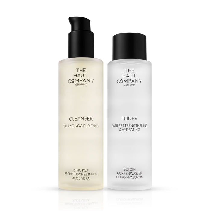 Cleansing Bundle with gentle cleanser and refreshing toner for radiant skin care routine by The Haut Company.