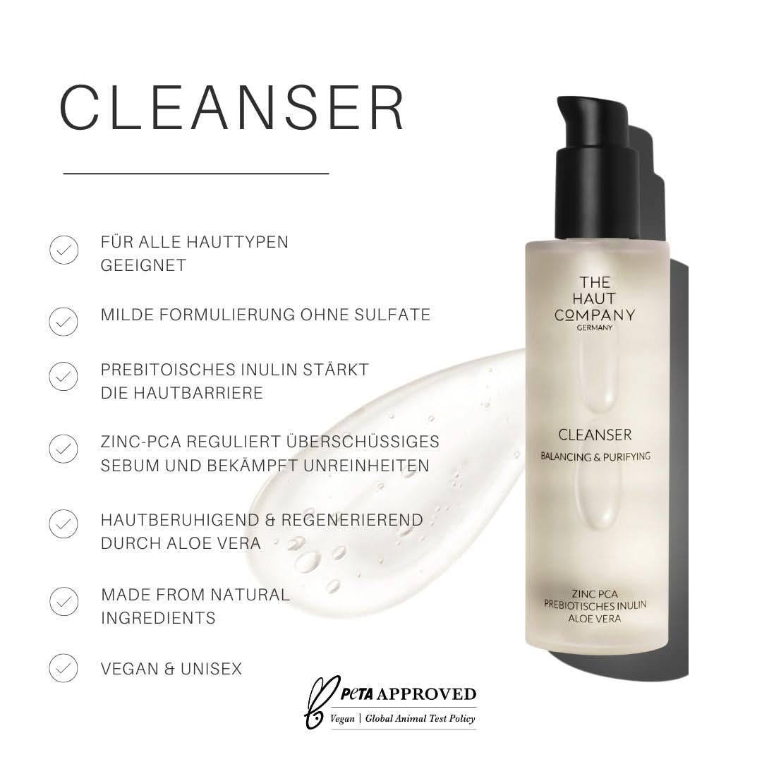 Cleanser bottle showcasing benefits including sulfate-free, prebiotics, zinc-PCA for skin balance, vegan and unisex formula.